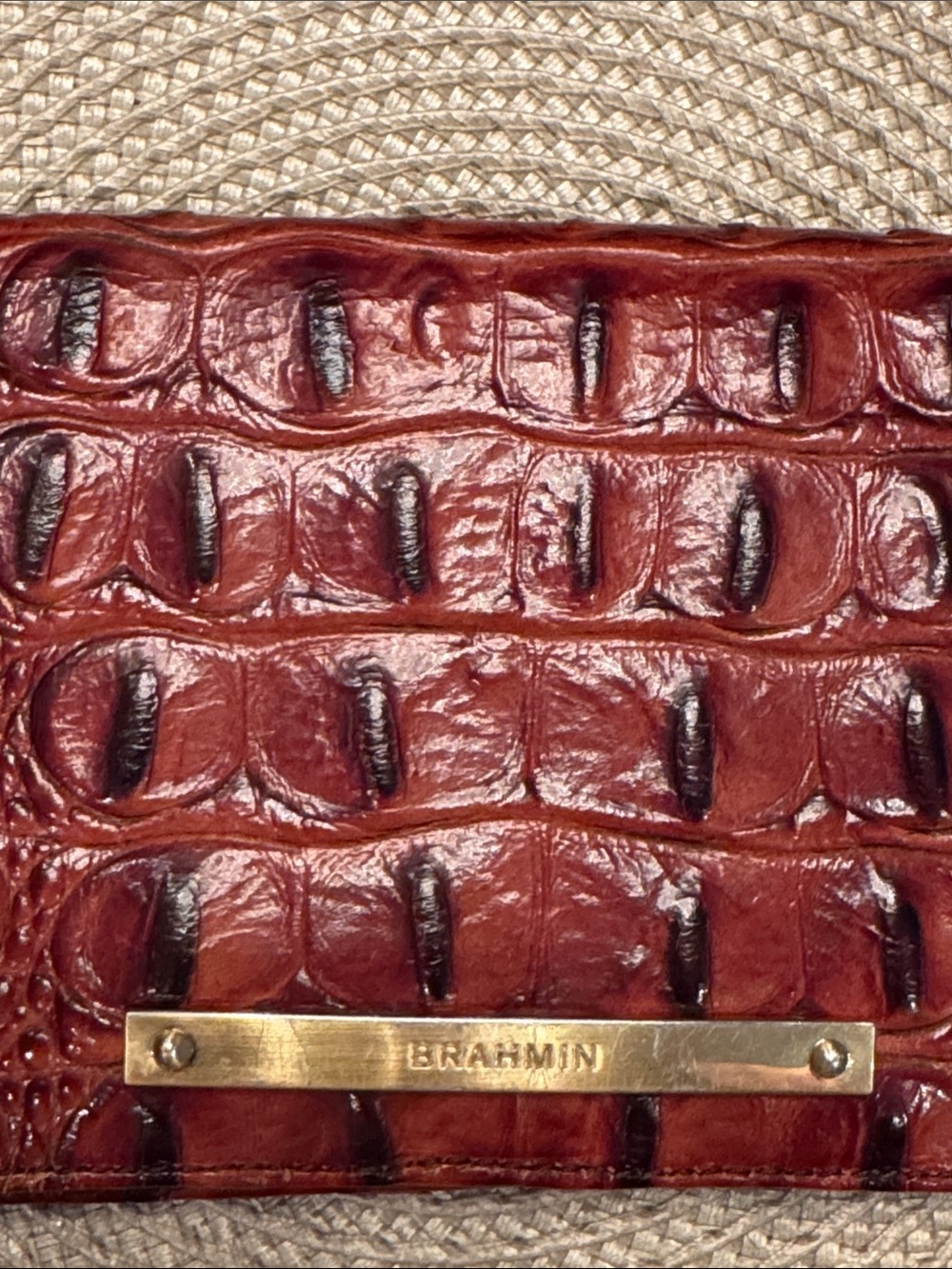 Brahmin Burgundy Croc-Embossed Leather Clutch with Gold Plate - Picture 8 of 12